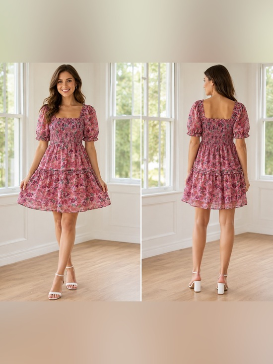 Very J Dresses & Skirts - Very J Pink Floral Smocked Garden Party/Wedding/Date Square-Neck Mini Dress-EUC